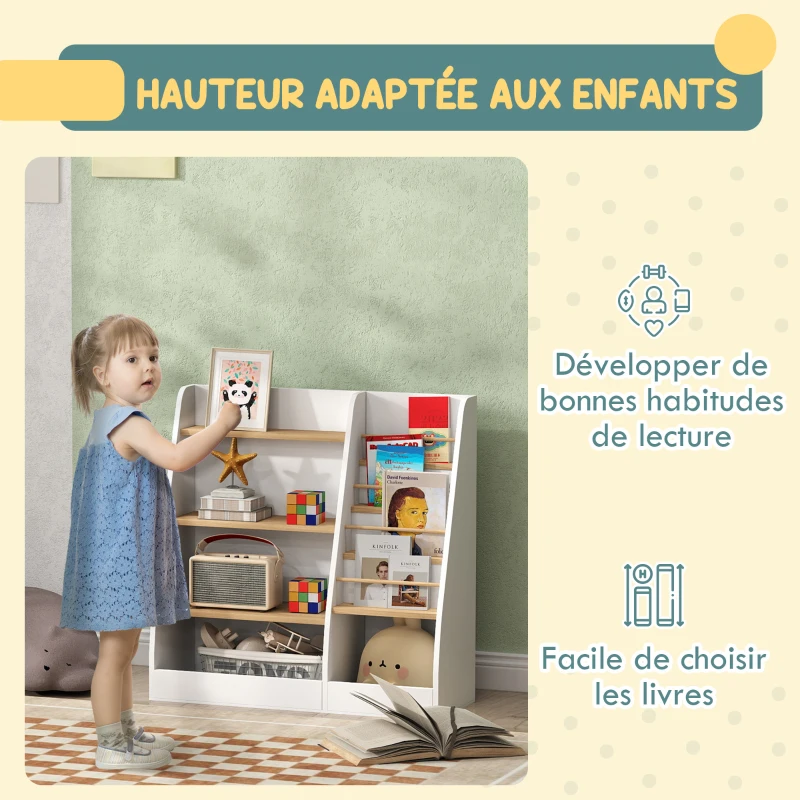 AIYAPLAY Bibliothèque pour enfant, rangement livre enfant 4 niveaux, support à livres, grille de rangement, blanc
