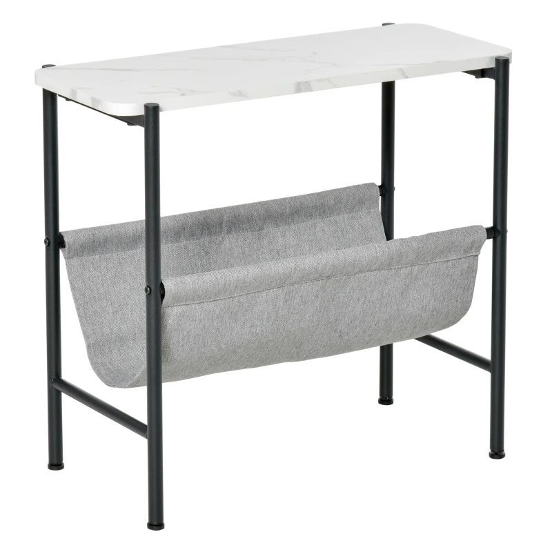 HOMCOM Mesa Auxiliar Moderna con Bolsillo de Lona y Estante Extraíble Mesa de Centro para Salón con Encimera Imitación Mármol 60x28x53 cm Blanco Gris y Negro