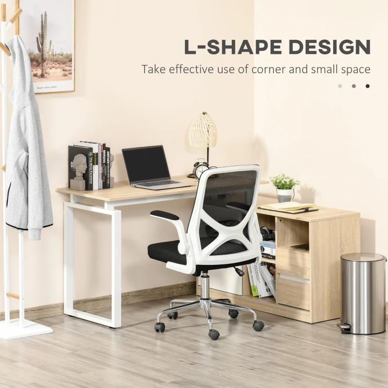 HOMCOM L-Shaped Home Office Computer Desk with Storage Shelf, Drawer, Corner PC Table Writing Workstation, Oak Beige White