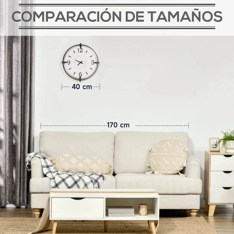 HOMCOM Reloj de Pared Silencioso de Ø40 cm Reloj de Pared de Metal y Madera  sin Tictac Estilo Moderno