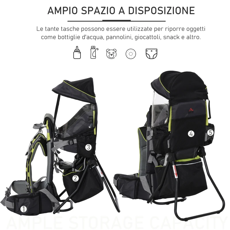 HOMCOM Zaino Porta Bimbo 6-36 Mesi per Trekking, Pieghevole, Impermeabile e con Tettuccio Rimovibile 38x77x87.5cm, Verde