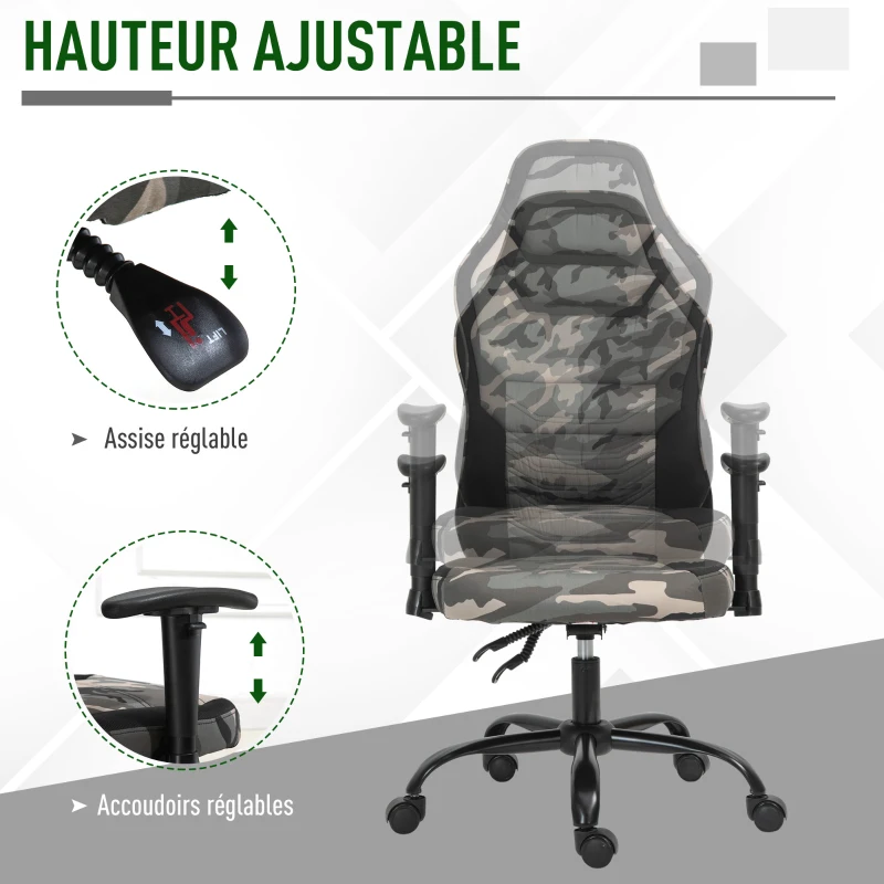 HOMCOM Fauteuil gaming militaire - chaise gamer - inclinable, hauteur réglable assise & accoudoirs, pivotant - polyester noir vert