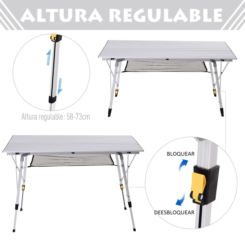 Outsunny Mesa de Pícnic Portátil de Aluminio con Altura Ajustable Estante y Bolsa de Transporte 120x69x59-78 cm Plata