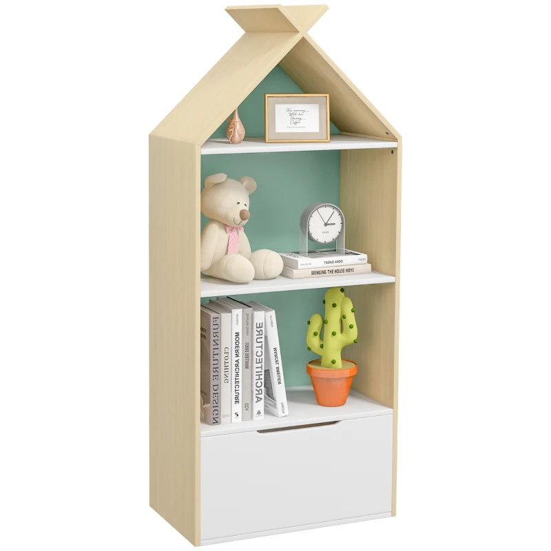 AIYAPLAY Bibliothèque enfant 3 étagères 1 tiroir style scandinave meuble de rangement forme de maison 50l x 30P x 119,5H cm, vert