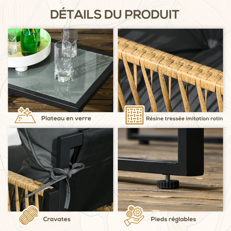 Outsunny Ensemble salon de jardin 4 pièces canapé 2 places 2 fauteuils et 1 table basse plateau verre trempé 3 coussins - gris