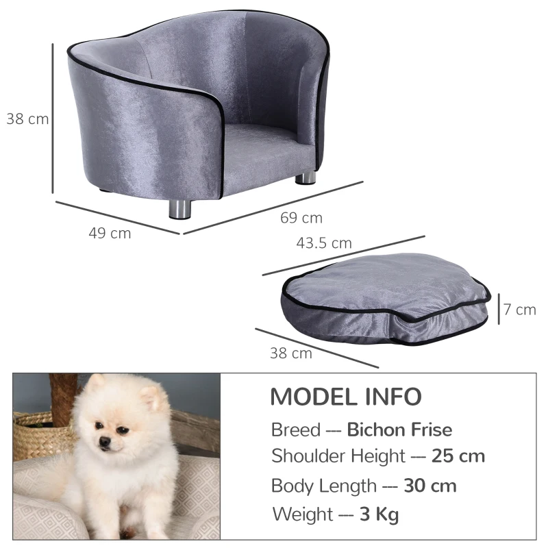 PawHut Dog Sofa Bed for Miniature Dogs, Pet Couch Kitten Lounge with Removable Soft Cushion, Thick Sponge, Wooden Frame, Storage Pocket