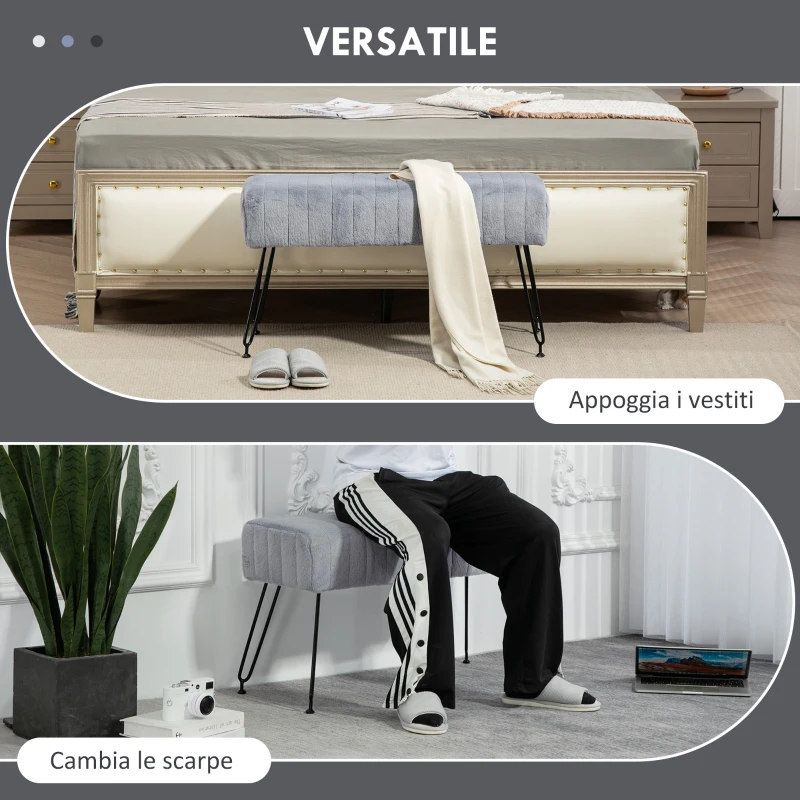 HOMCOM Panca Fondo Letto Imbottita in Peluche, Legno e Metallo, 82x30x47 cm, Grigia e Nera