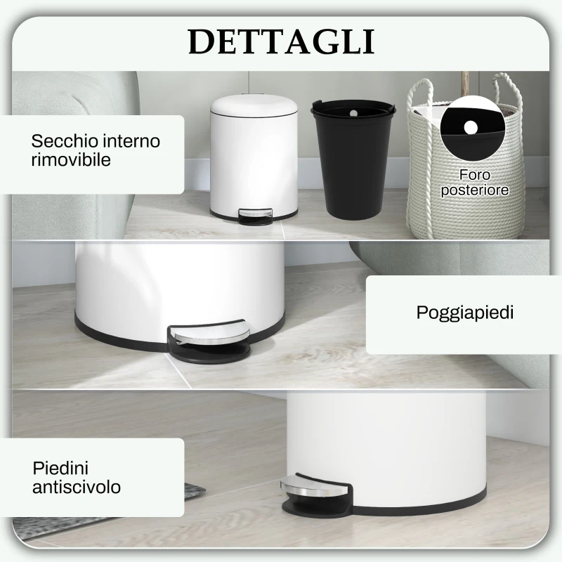 HOMCOM Bidone Immondizia a Pedale da 5L con Coperchio a Chiusura Morbida, in Metallo e PP, 26.5x21x28 cm, Crema