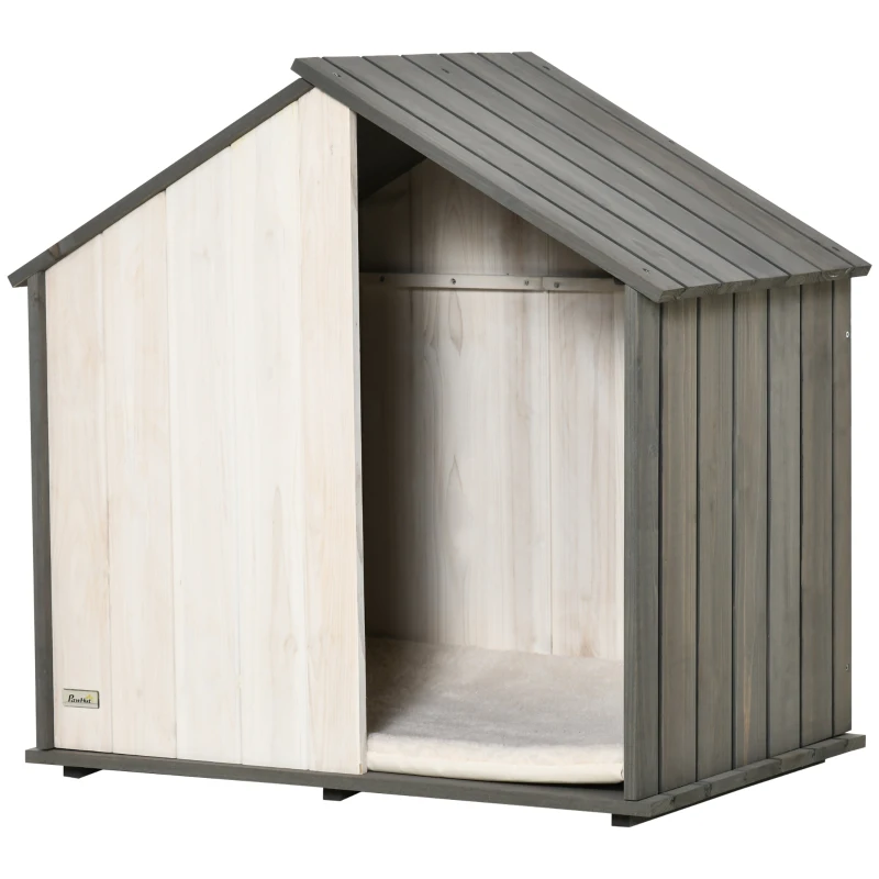 PawHut Cuccia per Cani a Casetta in Legno, per Animali Fino a 15kg, Grigio e Bianco