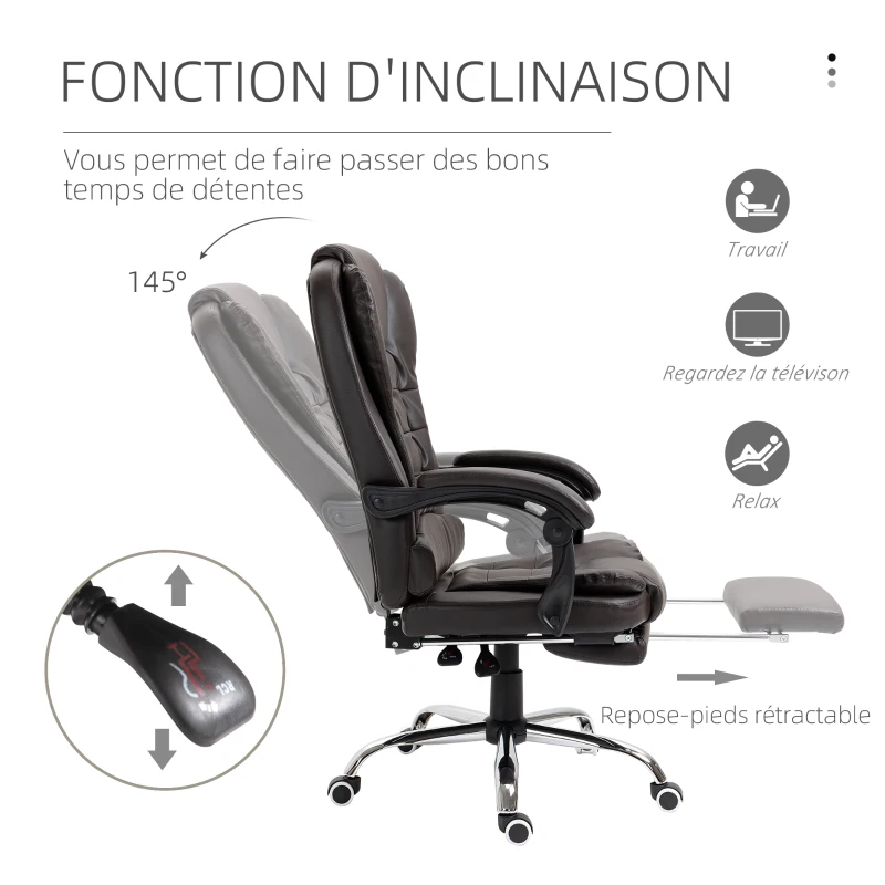 HOMCOM Fauteuil de bureau fauteuil manager grand confort dossier inclinable roulettes P.U 64,5 x 69 x 117 cm Café