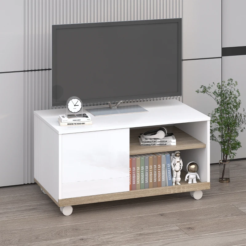 HOMCOM Carrello Porta TV con 1 Anta e Vani Aperti, Mobile per TV fino 42'' con Ruote, 80x45x39.5cm