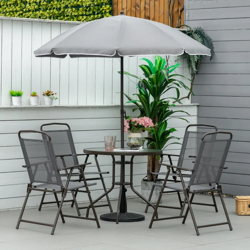 Outsunny 6 Piece Garden Dining Set with Umbrella, Outdoor Dining Sets with Parasol, 4 Folding Dining Chairs & Round Tempered Glass Table, Grey