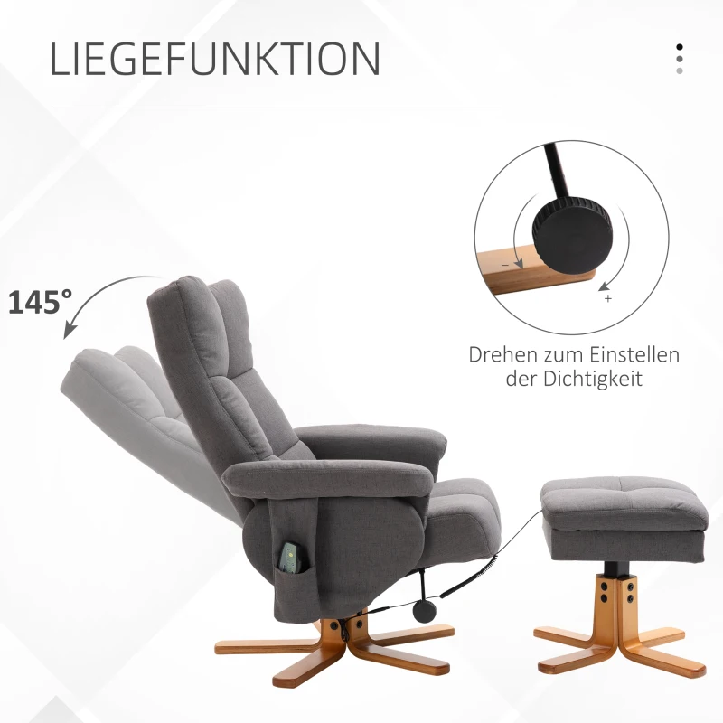 HOMCOM Fauteuil relaxant avec repose-pieds, espace de rangement, fauteuil de massage électrique avec fonction de couchage, fauteuil de télévision pivotant avec poche latérale, télécommande, cadre en bois, polyester, Gris foncé