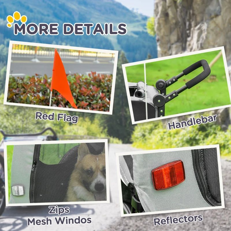 PawHut Remorque à vélo pour chien convertible jogger 2 en 1 pour animaux avec drapeau réflecteurs - gris et noir
