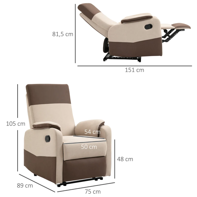HOMCOM Sillón Relax Reclinable Manual Hasta 145° Tapizado en Poliéster con Reposapiés Retráctil Carga 120 kg para Salón Oficina Dormitorio 75x89x105 cm Marrón y Beige