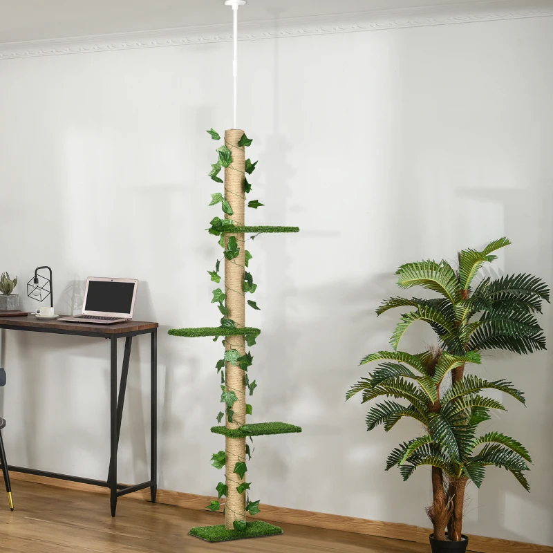 PawHut 242cm Adjustable Floor-To-Ceiling Cat Tree, with Artificial Decoration, Perches, Anti-Slip Kit - Green