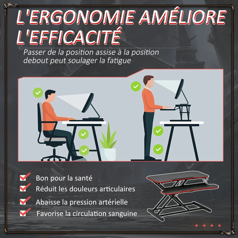 Vinestto Convertisseur bureau assis debout poste de travail réglable en hauteur - support ordinateur avec plateau clavier - acier MDF noir rouge