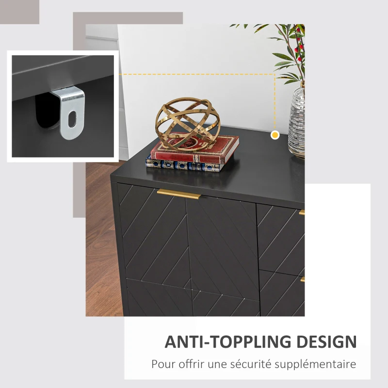 HOMCOM Buffet design contemporain graphique 2 placards porte étagères réglables 3 tiroirs coulissants en bois noir métal doré