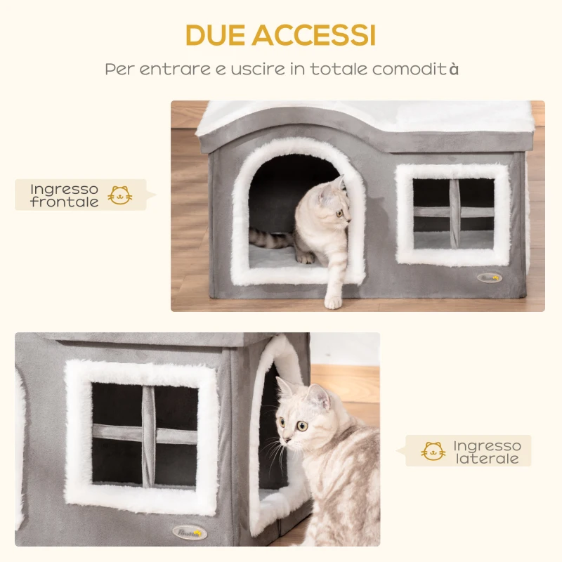 Pawhut Casetta per Gatti da Interno con 2 Entrate, Finestra e Base Antiscivolo, 63.5x37x40 cm, Grigio