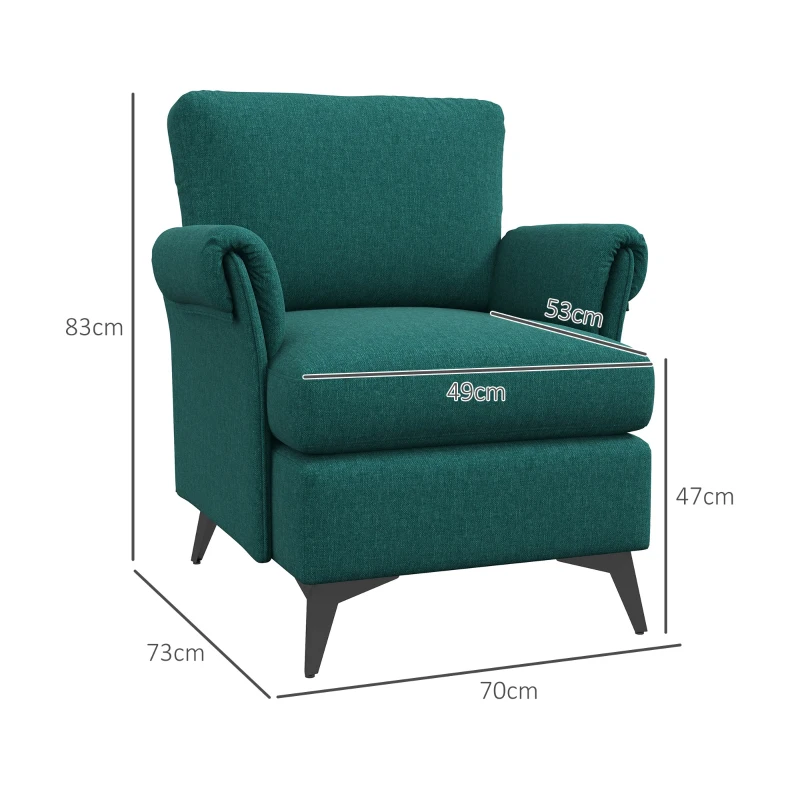 HOMCOM Poltrona d'arredo in Tessuto Effetto Lino Traspirante con Braccioli Arrotolati, 70x73x83 cm, Verde