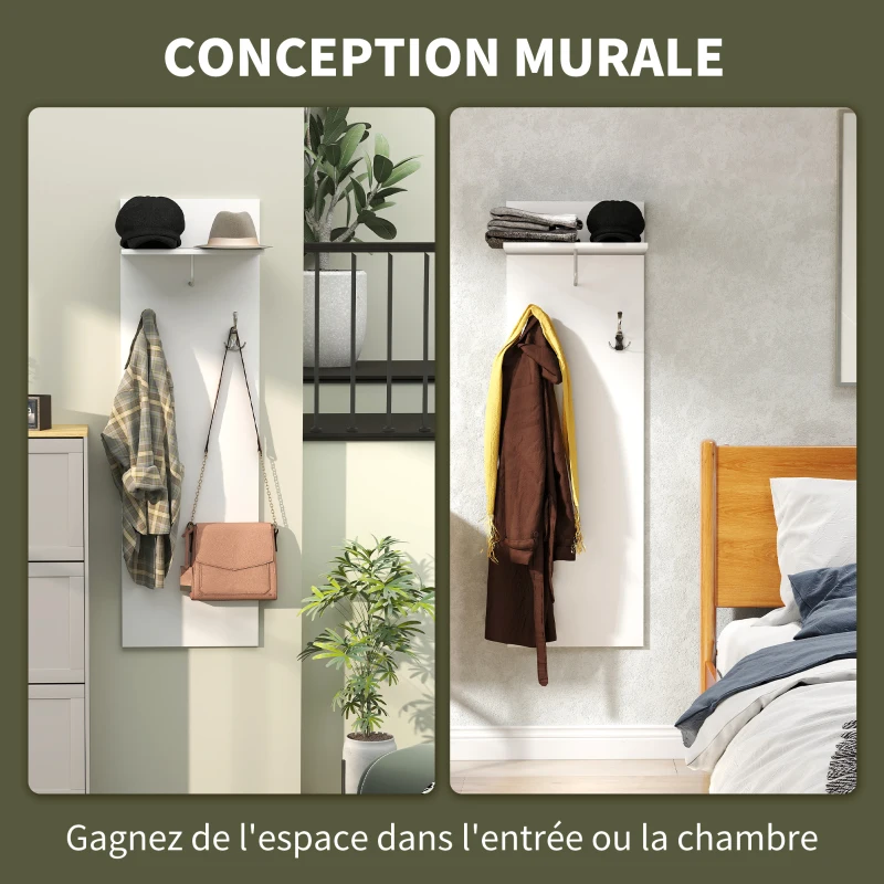HOMCOM Porte-manteau mural meuble d'entrée avec étagère, 2 crochets et barre en aluminium, pour entrée, couloir, chambre