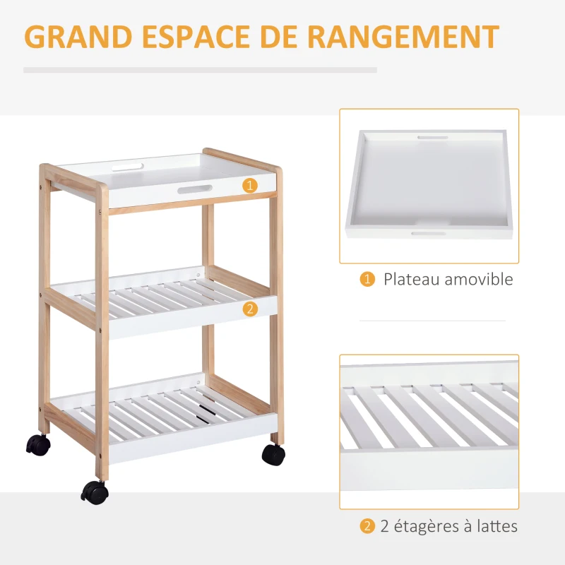 HOMCOM Chariot de service desserte de cuisine à roulettes 2 étagères + plateau amovible bois de pin MDF blanc