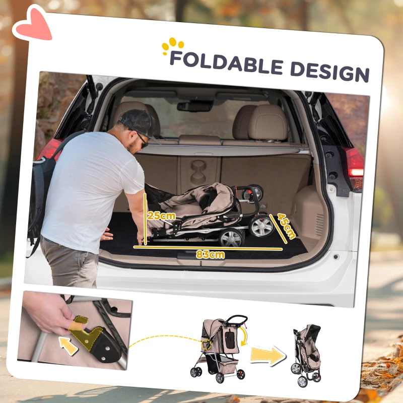 PawHut Pet Stroller for Small Miniature Dogs Cats Foldable Travel Carriage with Wheels Zipper Entry Cup Holder Storage Basket Brown