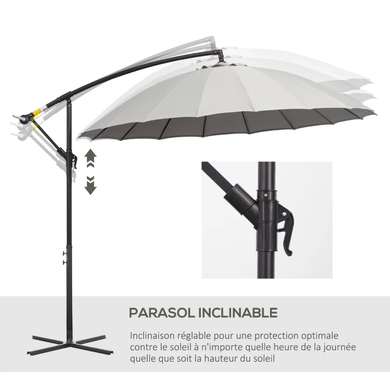 Outsunny Parasol déporté rond inclinable manivelle piètement mât métal. dim. Ø 2,96 x 2,6H m polyester haute densité gris