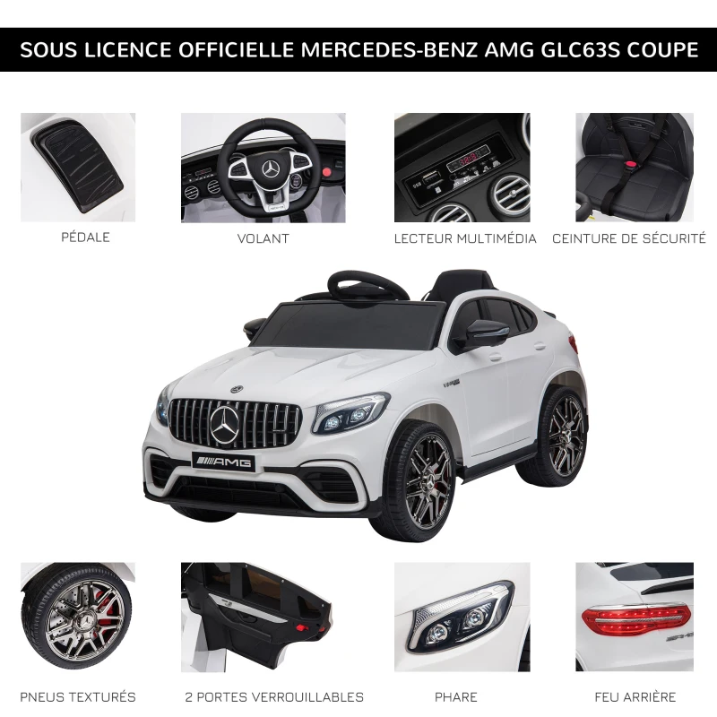 HOMCOM Voiture véhicule électrique Enfants 12 V 35 W V. 3-5 Km/h télécommande Effets sonores + Lumineux Blanc Mercedes GLC AMG(m-7)
