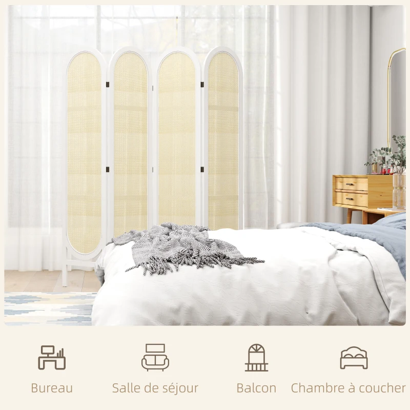 HOMCOM Paravent interieur en bois 4 panneaux 170 x 160 cm pliable et portable, motif tissé à la main, blanc