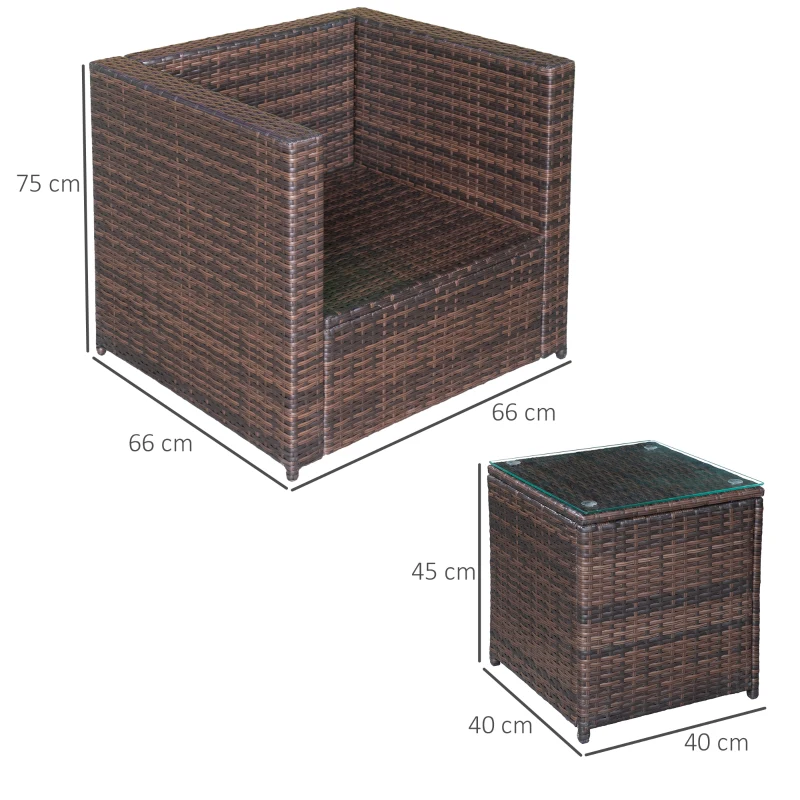 Outsunny Set Mobili da Giardino Rattan PE da 3 Pezzi, 2 Poltrone da Esterno, Tavolino e Cuscini, Marrone