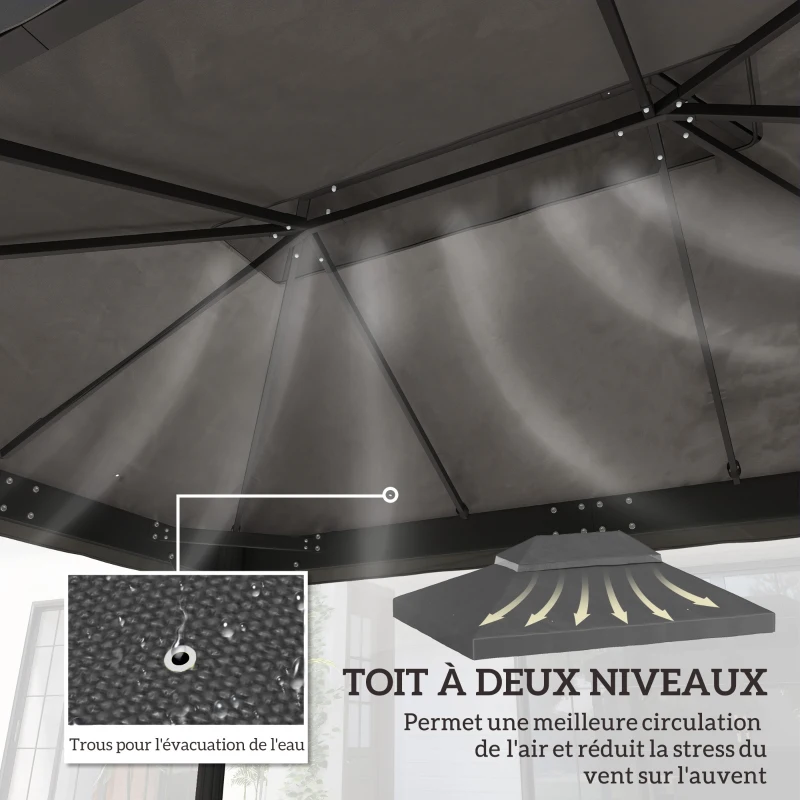 Outsunny Toile de rechange pour pavillon toile de tonnelle 4 x 3 m, double toit avec trous de drainage, polyester 370 g/m², gris