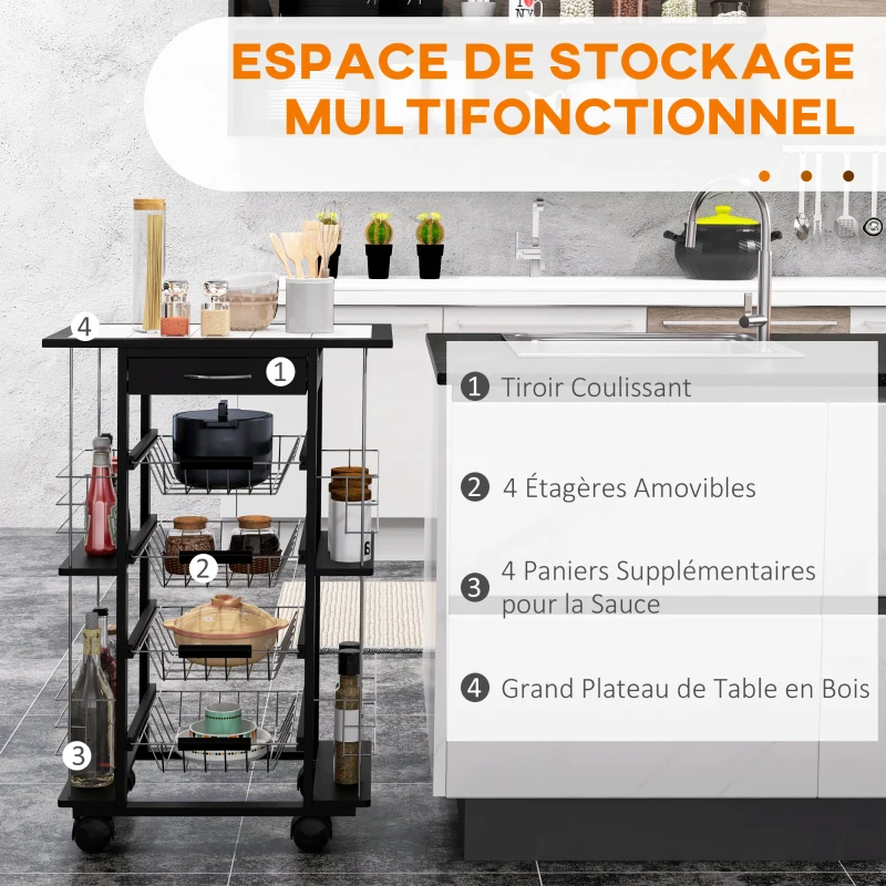 HOMCOM Chariot de service desserte de cuisine à roulettes multi-rangements 4 paniers métal tiroir + 4 range-bouteilles bois pin noir plateau carrelé blanc