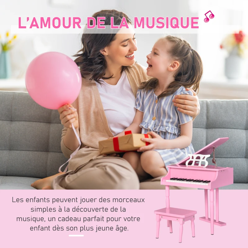 HOMCOM Piano à queue enfant en bois Piano enfant clavier de piano 30 touches - tabouret et pupitre inlus - Instrument de Musique - MDF rose