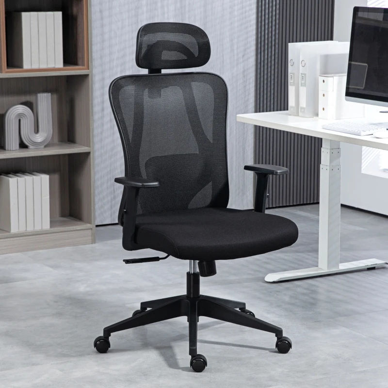Vinsetto Silla de Oficina Giratoria con Reposabrazos 2D Silla Escritorio Regulable en Altura Reposacabezas Soporte Lumbar y Respaldo Alto Malla Transpirable 67x64x117-127 cm Negro