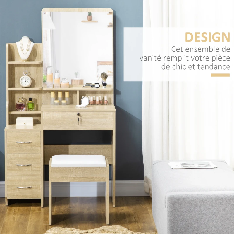 HOMCOM Ensemble de coiffeuse table de maquillage avec tabouret rembourré grand miroir + plusieurs étagères ouvertes + 4 tiroirs bois naturel