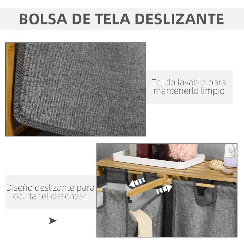 HOMCOM Cesto de Ropa Sucia de Bambú Cesto para la Colada con 2 Bolsas Extraíbles y Estante para Baño 63,5x33x73 cm Natural y Gris