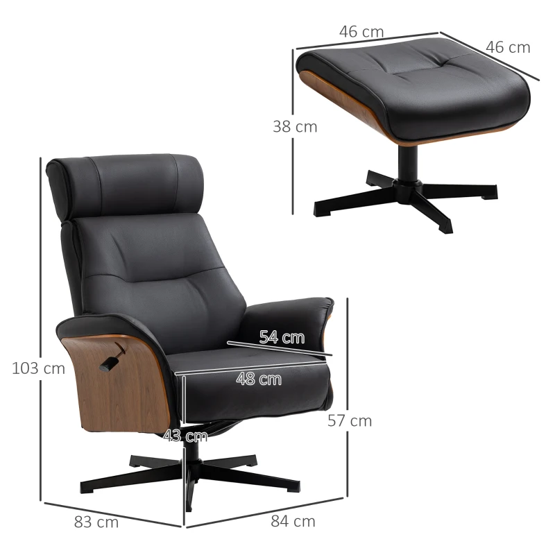 HOMCOM Sillón Relax con Reposapiés Reclinable hasta 135° Giratorio 360° con Reposacabezas Ajustable 84x83x103 cm Negro