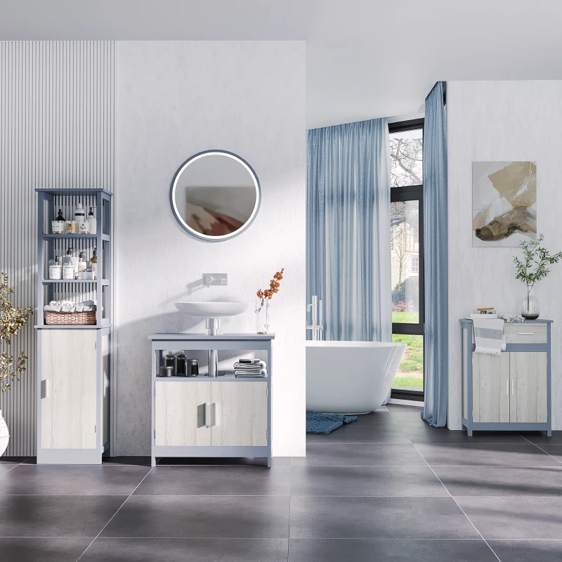 kleankin Meuble colonne de salle de bain avec placard et 3 étagères dim. 40I x 30P x 160H cm - MDF gris et naturel