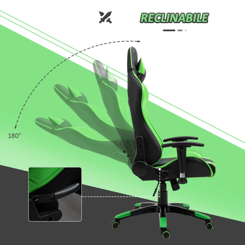 HOMCOM Sedia Gaming Professionale con Altezza Regolabile, Sedia da Ufficio Girevole e Reclinabile, con Sostegno Lombare e Collo, 67x67x123-132 cm, Nera e Verde