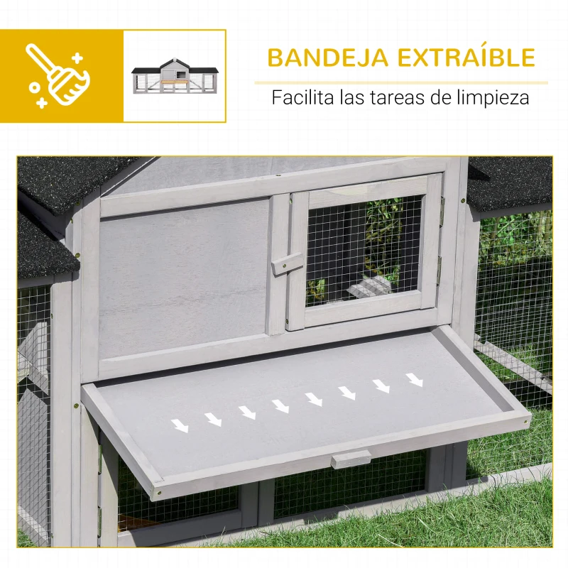 PawHut Conejera de Exterior Grande Jaula de Madera para 2-4 Conejos con Techo Asfáltico Recinto de Alambre Bandeja Extraíble y Rampas 210x45,5x84,5 cm Gris y Negro