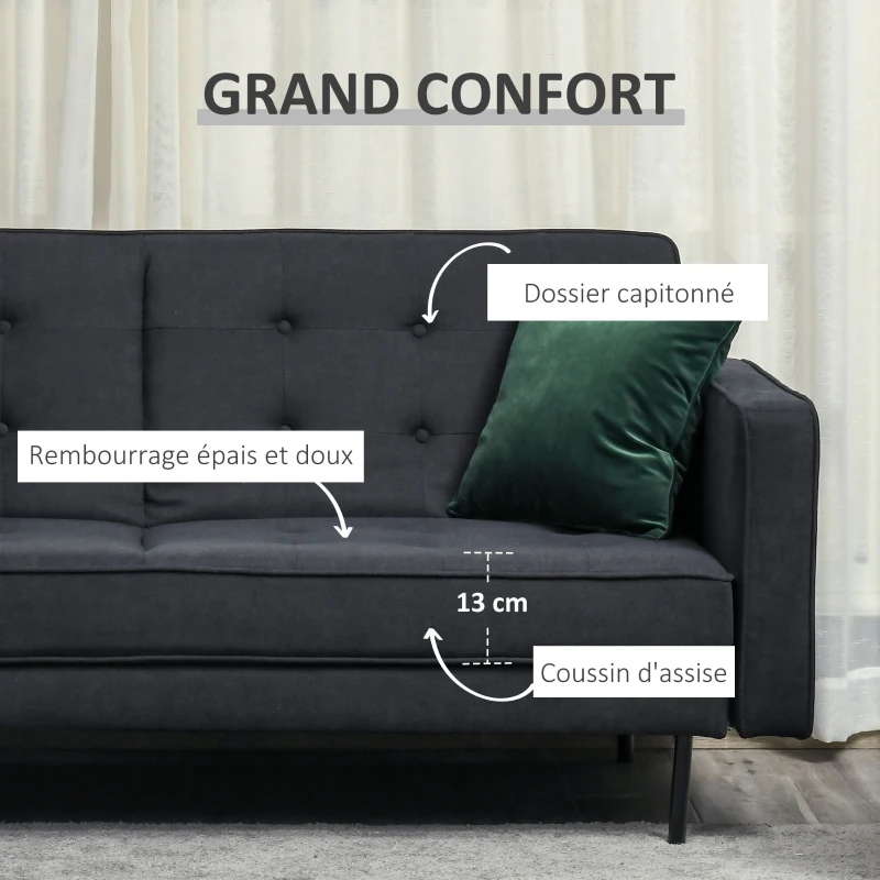 HOMCOM Canapé Convertible 3 Places Style Chesterfield capitonné Dossier inclinable 3 Positions Tissu Gris foncé