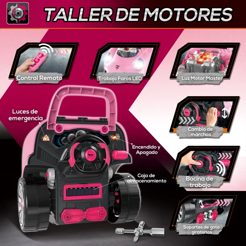 HOMCOM Juego Infantil de Motor con Herramientas 61 Piezas Volante Bocina Faros Caja de Almacenaje y Ruedas 40x39x47 cm Rosa