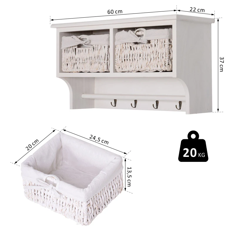 HOMCOM Porte-manteau mural - meuble de rangement mural étagère 4 patères + 2 paniers bois de paulownia osier tissu blanc