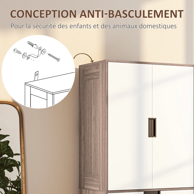 HOMCOM Armoire 2 portes, armoire moderne avec 3 tiroirs et tringle de suspension pour chambre à coucher, marron