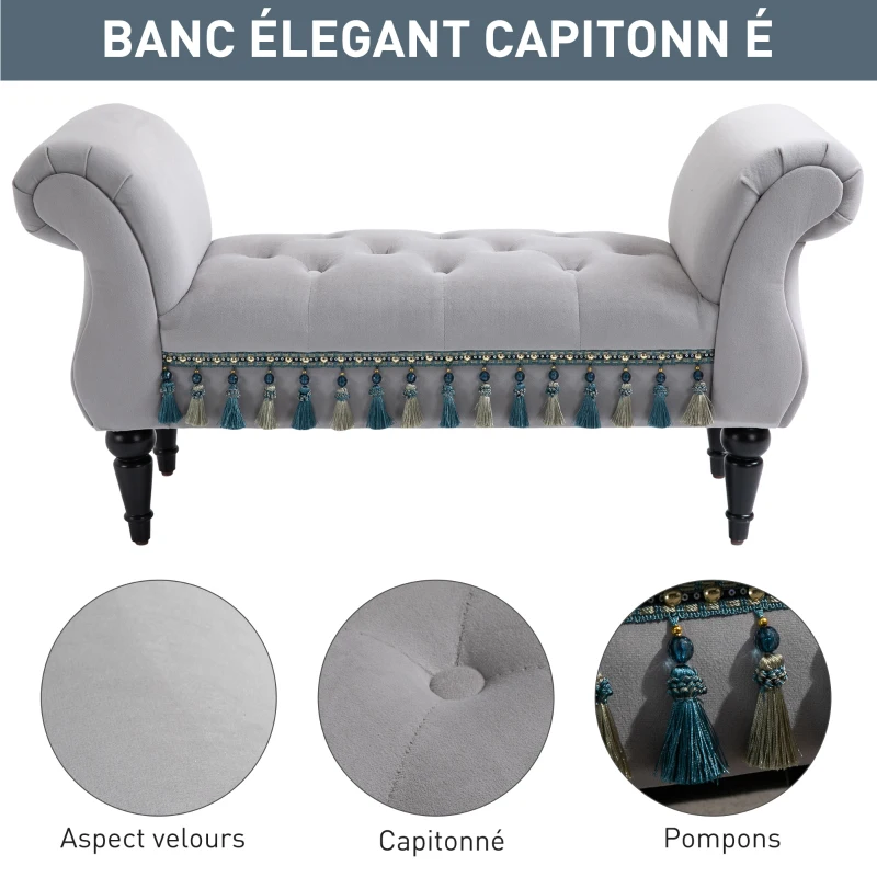 HOMCOM Banc Banquette capitonnée Velours Bout de lit avec accoudoirs Pieds Bois hévéa Gris 40P x 117l x 58H cm