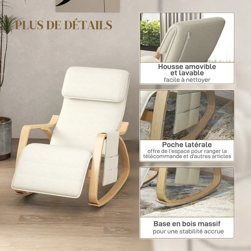 HOMCOM Fauteuil relax à bascule fauteuil allaitement avec repose-pieds réglable, poche latérale et appui-tête, blanc crème