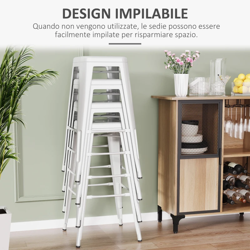 HOMCOM Set 4 Sgabelli da Cucina di Design in Metallo con Schienale Rimovibile e Poggiapiedi, 44x46x116cm, Bianco