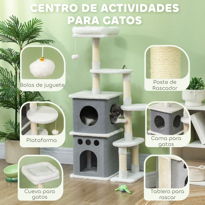 PawHut Rascador para Gatos 126 cm Torre para Gatos con Nidos Plataformas Bolas Colgantes y Postes de Sisal Crema