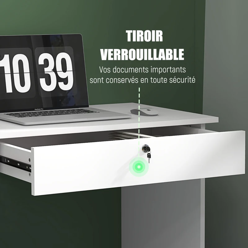 HOMCOM Bureau moderne avec 5 tiroirs, grand plateau, 1 compartiment ouvert, tiroir verrouillable, 110 x 50 x 76cm, blanc